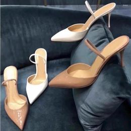 Dress Shoes Elastic Band V Cut Stiletto High Heels Pointed Toe Candy Colors Nude White Patent Leather Slip On Slippers