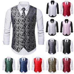 Men's Vests Tie Business Formal Dress Slim Sleeveless Jacket 4PC Hanky Cufflink Blue Paisley Suit Waistcoat