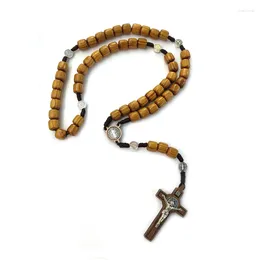 Pendant Necklaces QIGO Wooden Rosary Necklace Long Woven Beads Cross For Men Women Religious Jewellery