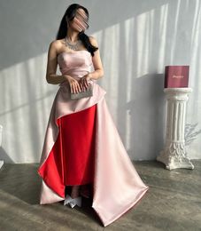 Classic Long Satin Strapless Pink Evening Dresses Sheath Pleated Prom Dress Muslim Ankle Length Sweep Train Party Dresses for Women