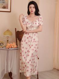 Women's Sleepwear French Princess Nightgowns Pyjamas Women Silk Summer Short Sleeve Lace-up Rose Printed Fairy Ruffles Sweet Night Dress