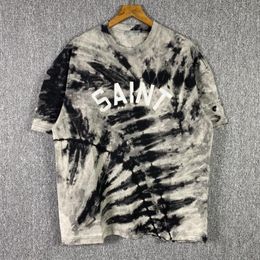 T shirt Men Women Tie Dye 1 Quality Letter Embroidery Tee Oversize Tops Vintage Short Sleeve Real Pics204C
