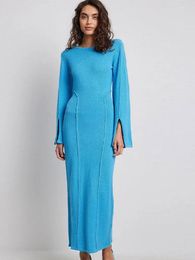 Casual Dresses Women Knitted Maxi Dress Fashion Blue Patchwork Elegant O-neck Split Long Sleeve Slim 2023 Lady Solid Party Club Robe