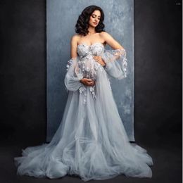 Casual Dresses Pretty Dusty Grey Maternity Poshoot Dress Off The Shoulder 3D Applique Tulle For Po Shoot Pregnancy Gown