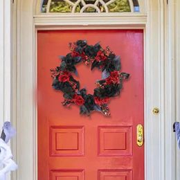 Decorative Flowers Halloween Wreath Door Hanging Thanksgiving Black And Red Rose Winter For Garden Holiday Xmas Celebration Window