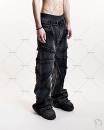 Y K Punk Black American Street Rock Retro High Waist Oversized Jeans New Raw Edge Washed Straight Wide Leg Trousers Men