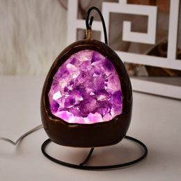 Decorative Objects Figurines Natural Crystal Egg Shape Lamp USB Led Night Light Table Amethyst Cluster For Bedroom Home Decor Cretitive Gifts 231030