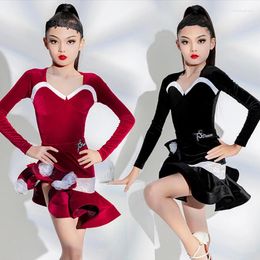 Stage Wear Latin Dance Dress Girls Long Sleeves Burgundy Black Velvet Suit Kids Ballroom Clothes Competition Winter BL11633