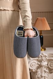 Autumn and winter striped soft-soled baotou indoor home Scrub Thickened Fleece stripe home silent fabric floor slippers women size 36-41