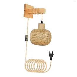 Wall Lamp Sconce Boho Decor Rustic Plug In Pendant Light Bamboo Bedside For Bedroom Hallway Living Room Farmhouse Bathroom