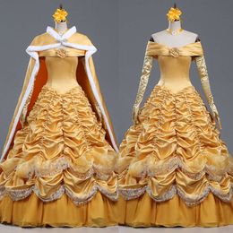 Cosplay Beautiful Girl And Beast Princess Belle Posh Pleated Dress With Cape Halloween Christmas Ball Gown Adult Women Cosplay Costume