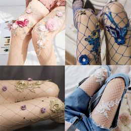 Sexy Socks Thigh Women Fishnet Tights Blue Pink Purple Red Roses Flowers Rhinestones Decoration Pattern Pantyhose Stockings 231027