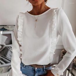 Women's Blouses Office Lady Long Sleeve Shirts Back Button Frill Trim Streetwear Women Top Clothes Harajuku TShirt Casual Solid Shirt