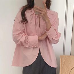 Women's Blouses Simple Pleated Buckle Slim Women Blouse Long-sleeved Shirt Female 2023 Korean Chic Autumn Fairy Pink Unique Niche Loose Tops