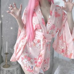 Women's Sleepwear Japanese Pink Cherry Blossom Cute Playful Kimono Pajamas Chiffon Sexy Lingerie Female Temptation Satin Robe Cosplay