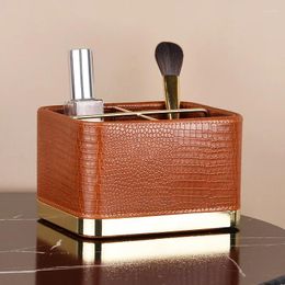 Storage Boxes American Brown Leather Metal Box Dressing Table Cosmetics Jewellery Pen Holder Makeup Brush Key Tray Crafts