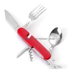 Dinnerware Sets Portable Folding Cutlery Mtifunctional Stainless Steel Tableware For Travel Outdoor Picnic Corkscrew Cutter Fork Spo Dht6Y