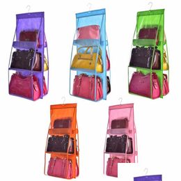 Storage Bags Double Side Transparent 6 Pocket Foldable Hanging Handbag Purse Bag Sundry Tidy Organizer Wardrobe Closet Hanger Drop D Dhlys