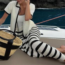 Work Dresses Puloru Elegant Fashion Two-Piece Crochet Knit Dress Sets Summer Vintage Hollow Out Short Sleeve Lace-up Shirts Stripe Long