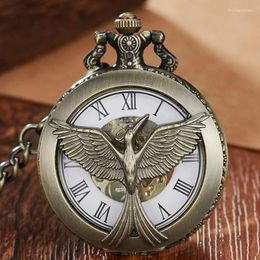 Pocket Watches Vintage Bronze Retro Mechanical Skeleton Hollow Pendant Necklace Chain Hand Wind