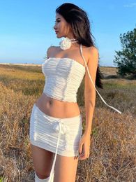 Work Dresses Gyaru Clothes Fashion White Two Piece Set Women Folds Top And Skirt Tube Rave Outfits Strap Festival Clothing Halter Y2k