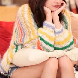 Women's Sweaters Rainbow Embroidery Scissors Striped Women Knitted Sweater Hollow Niche Design Women's Loose Casual Pullovers Knitwear Tops 231030