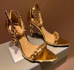 24SS Роскошные сандалии с острым замком, обувь для женщин, металлические туфли на шпильке с золотым звеном цепи, сексуальное женское вечернее свадебное платье EU35-43, оригинальная коробка