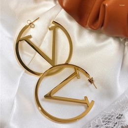 Dangle Earrings Punk Stainless Steel For Women Fashion Metal V Letter Circle Statement Big Round Gold Plated Hoop Jewellery