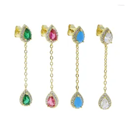 Dangle Earrings Gold Plated Fashion Women Colorful Jewelry Two Tear Drop Cubic Zirconia Chain Dangling Earring