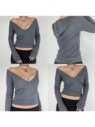 Women's T Shirts Mxiqqpltky Women Long Sleeve Crop Tops V Neck Ribbed Hooded T-shirts Sexy Solid Slim Fit Blouse Y2k Aesthetic Streetwear