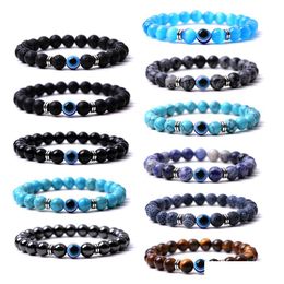 Charm Bracelets Turkish Blue Evil Eye 8Mm Tiger Beads Handmade Elasticity Bracelet For Men Women Yoga Reiki Jewellery Drop Deli Dhgarden Dh68K