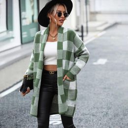 Women's Knits 2023 Coat Loose Plaid Contrast Knitted Cardigan Fashion Clothing Sweater For Women Girls Coats Classic Jacket S-2XL