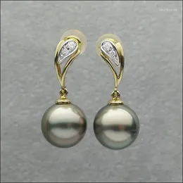 Dangle Earrings Green Tahitian Sea Cultured Pearl Diamond Drop 18k Yellow Gold 10mm