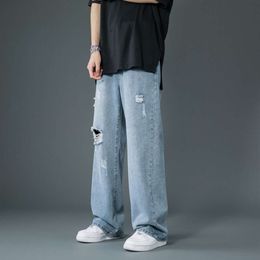 Spring Summer Men S Ripped Wide Leg Jeans Korean Trend Straight Baggy Denim Pants Male Vintage Blue Trousers