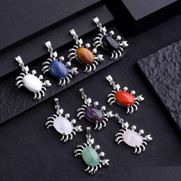 Charms Natural Stone Crab Charm Pendant Necklace Cabochon Crystal Beads Cute Ocean Animal Necklaces Jewellery For Girl Women Drop Delive Dhkpg