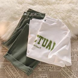 Women's Two Piece Pants Set White Round Neck Short Sleeve Shoulder T-shirt Military Green Straight Tube Jeans Premium Clothing