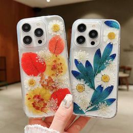 Dry Flower Leaves Pressed Cases For Iphone 15 Pro MAX 14 Plus 13 12 11 Pro Dried Fashion Real Floral Foil Confetti Clear Chrysanthemum Foil Hard Acrylic PC TPU Cover