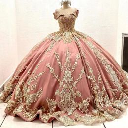 Dusty Pink Quinceanera Dresses with Gold Lace Applique Off the Shoulder Corset Back Beaded Tulle Custom Sweet Princess Pageant Ball Gown Vestidos