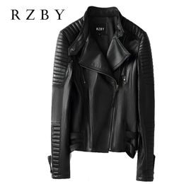 Women's Leather Faux Leather Sheepskin Women Loose Casual Biker Jackets Outwear Female Tops BF Style Black And Red Real Genuine Leather Coat RZBY235 231027