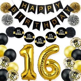 Christmas Decorations Amawill Cheers 16 Years Old Party Supplies Gold Number 16 Foil Balloon Paper Banner Happy 16th Birthday Party Decoration Kit 231027