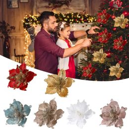 Christmas Decorations Flowers Glitter Artificial Flower Xmas Tree Ornaments DIY Garlands Home Wedding Year Party Gift 231030