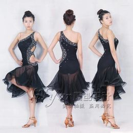 Stage Wear Women's Latin Dance Costume Black Shoulder Fishbone Sequins Dress