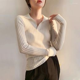 Women's T Shirts Knit Shirt For Women Turn Down Collar Long Sleeve Tops Korean Fashion And Blouses Camisetas Vintage Clothes