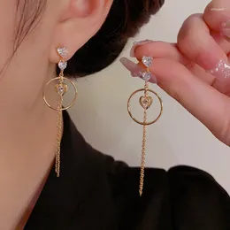 Hoop Earrings Copper Plated 18K Gold Korean Light Luxury Style Zirconia Heart-shaped Ear Wire Tassel Design Simple Personality