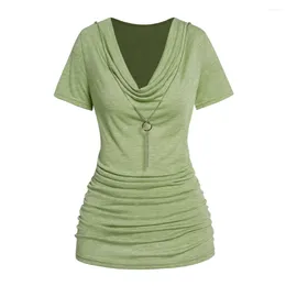 Women's T Shirts Fashion Solid Color Short Sleeve Summer Tops Women Draped Cowl Neck Heather Ruched Tee With O-ring Chain