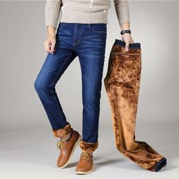 Winter Men S Fleece Warm Classic Thick Denim Stretch Slim Fit Black Jeans Casual Boutique Business Blue Plus Trousers