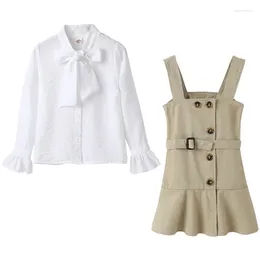 Clothing Sets Big Girls Elegant Set 2023 Autumn Children Blouse And Strap Dress Fashion Kids Two-Piece #1024