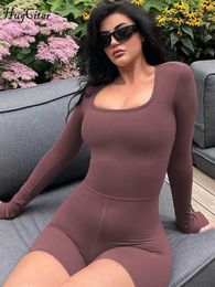 Urban Sexy Dresses Hugcitar Fall 2 Piece Matching Sets Square Collar Solid Long Sleeve Sexy Crop Top Shorts Women Streetwear Sports Tracksuit Y2K