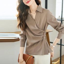 Women's Blouses Women Summer Fashion Button Up Satin Silk Shirt Vintage Blouse Lady Long Sleeves Female Loose Street Shirts E262