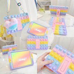 Kids Case For Samsung Galaxy Tab S7 S8 S9 11inch S9+ S8+ S7+ Plus 12.4 inch Rainbow Soft Silicone Push Bubble Anti -Stress Tablet Stand Cover Cases with Shoulder Strap